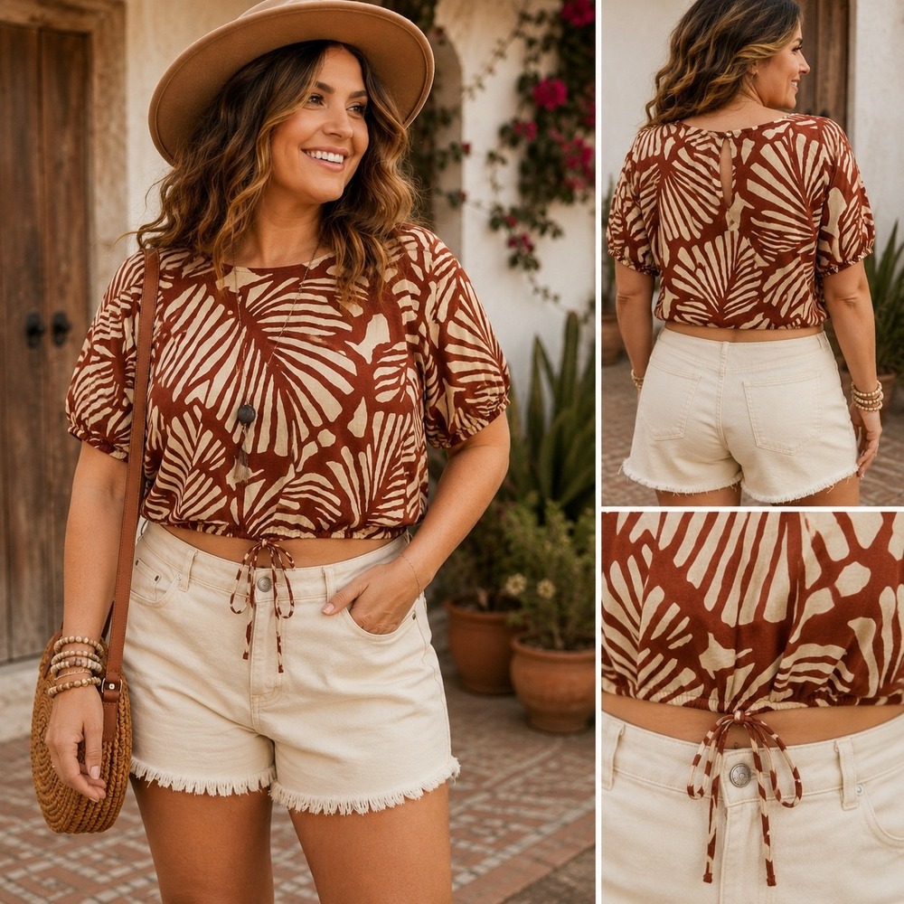 Banana Republic Factory Linen Blend Tie Hem Top XL Rust Leaf Print NWT Cropped